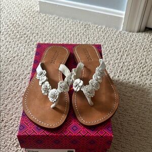 Mystique Boutique White Tan Sandals with Floral Embellishments
